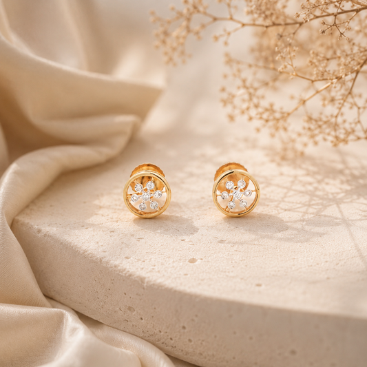 18Kt Yellow Gold Diamond Circle Floral Stud Earrings