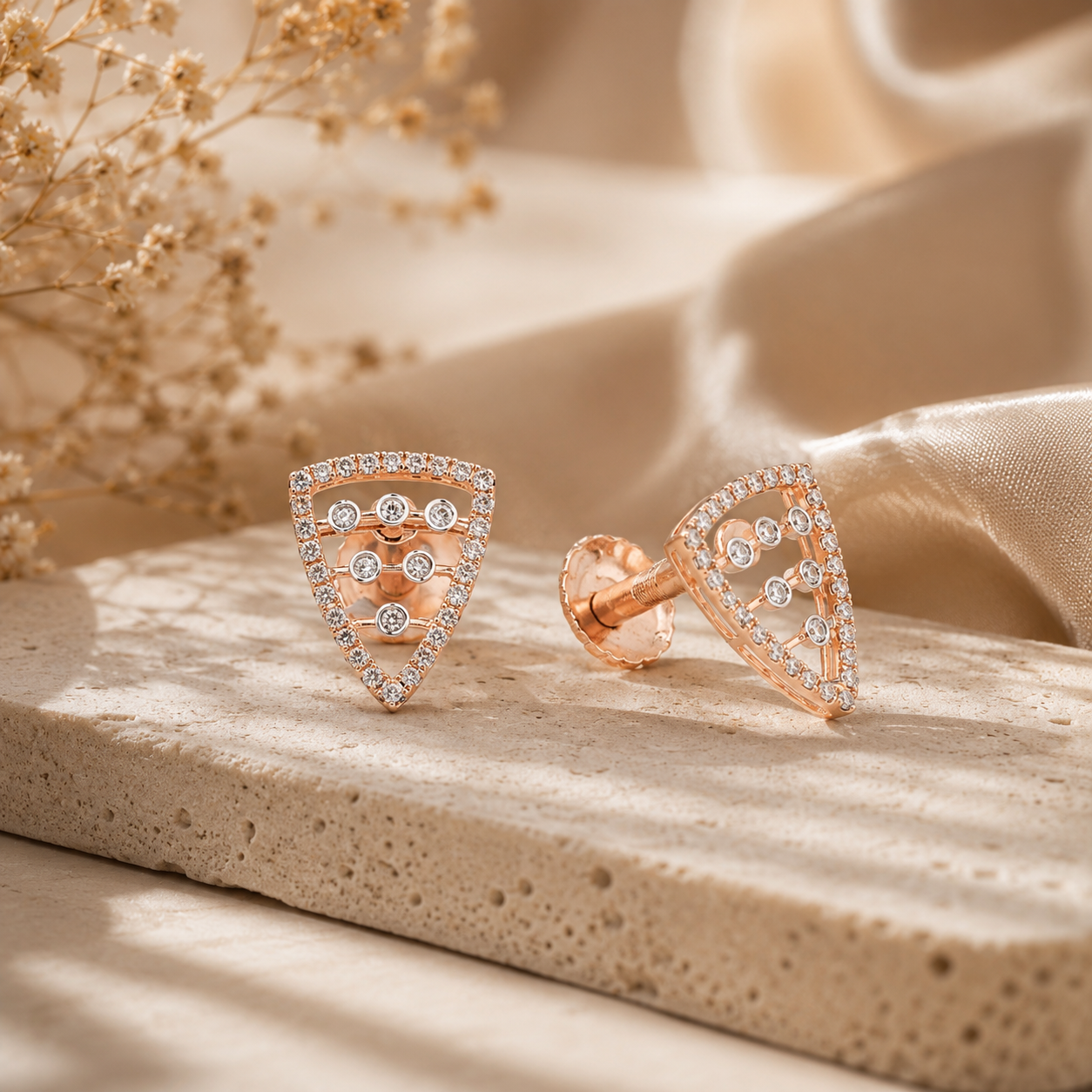 18Kt Rose Gold Diamond Triangle Bezel Stud Earrings Women