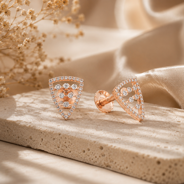 18Kt Rose Gold Diamond Triangle Bezel Stud Earrings Women
