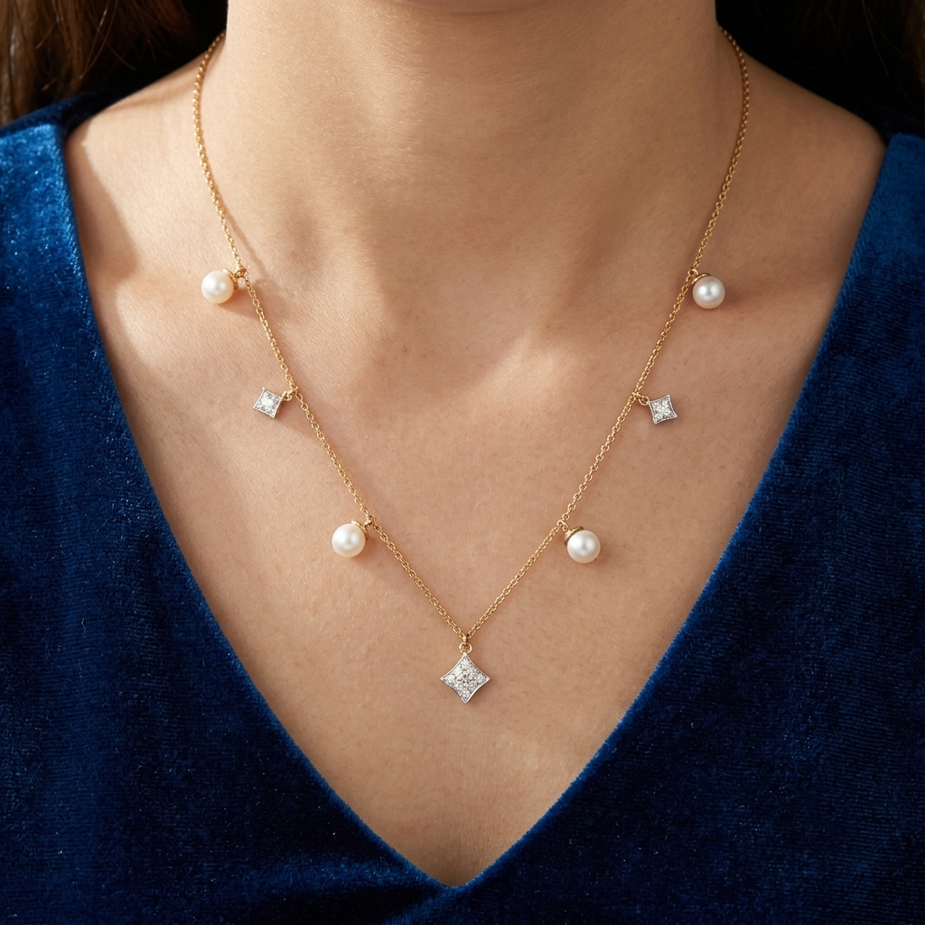 18KT Gold Diamond Pearl Necklace for Women