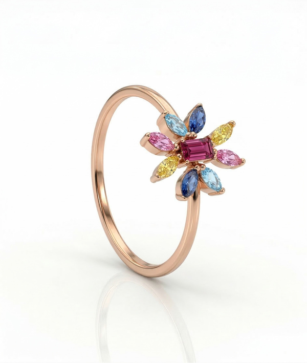 Rainbow Bloom Multi-Colour Floral 18kt Gold Ring
