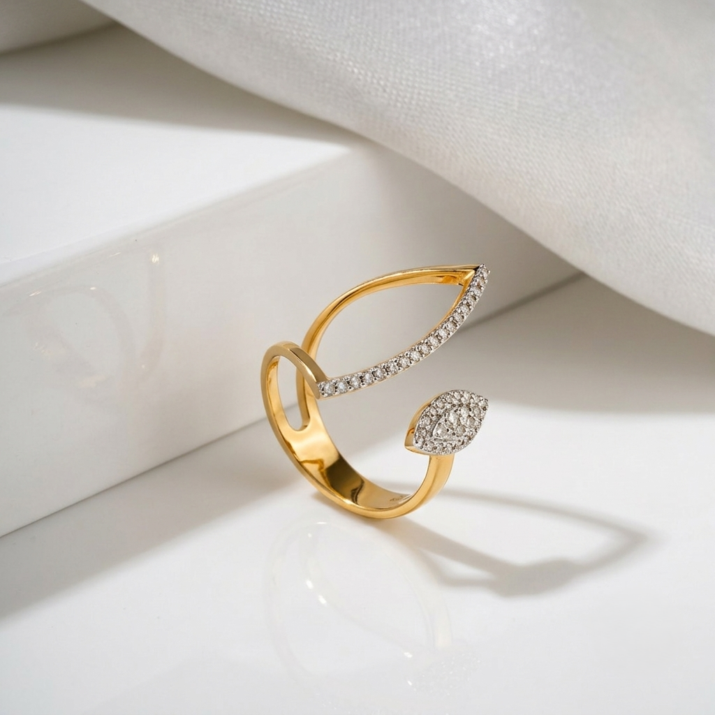 18KT Gold Diamond Open Leaf Ring For Women
