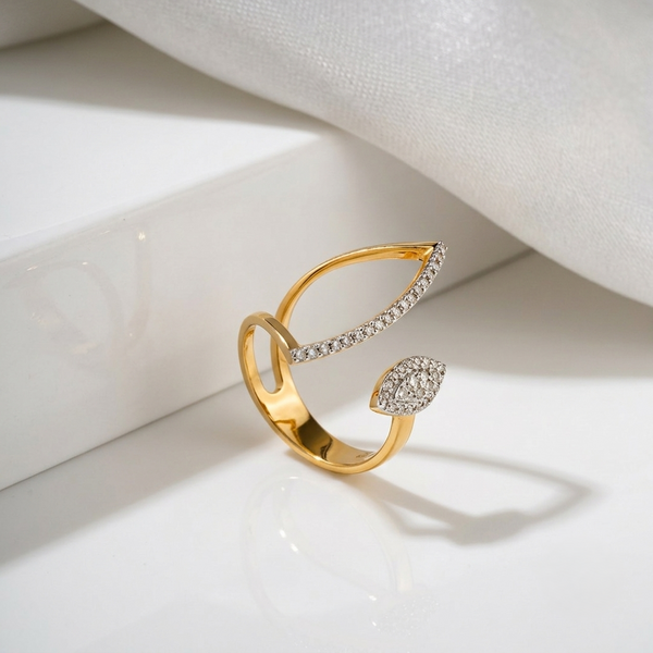18KT Gold Diamond Open Leaf Ring For Women
