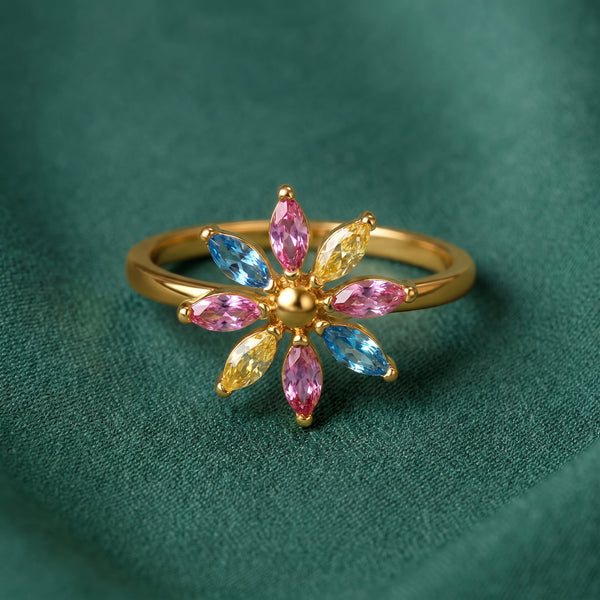 Petal Bloom Multi Stone 18kt Gold Ring for Party Wear