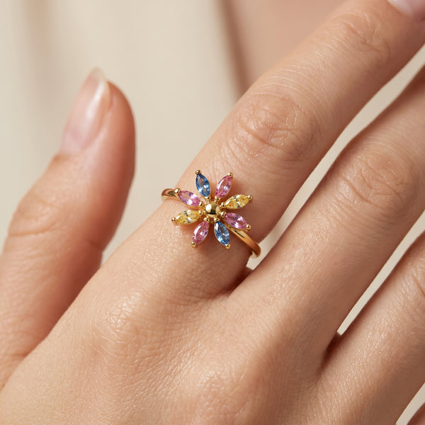 Petal Bloom Multi Stone 18kt Gold Ring for Party Wear