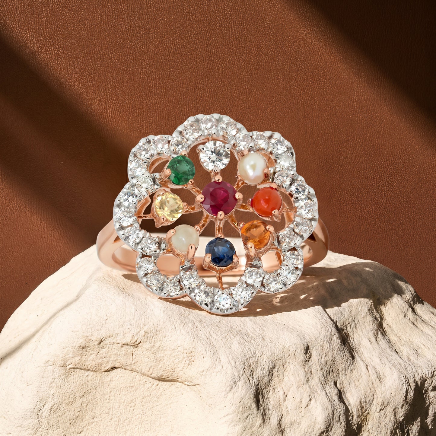 Navratnaya Gemstones 18kt Diamond Ring for Wedding