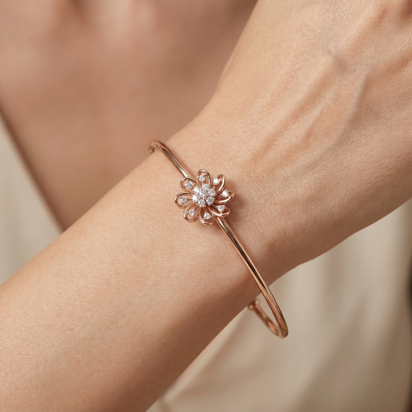 Blooming Floral Diamond 18 KT Open Kada for Women