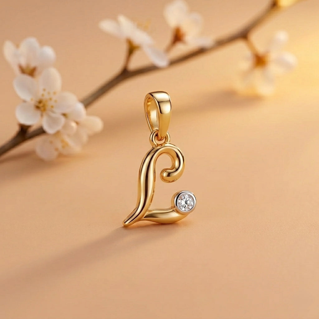 18kt Gold L Initial Daily Wear Diamond Pendant for Kids