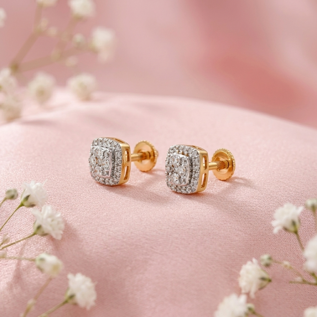 18Kt Gold Diamond Square Cluster Studs