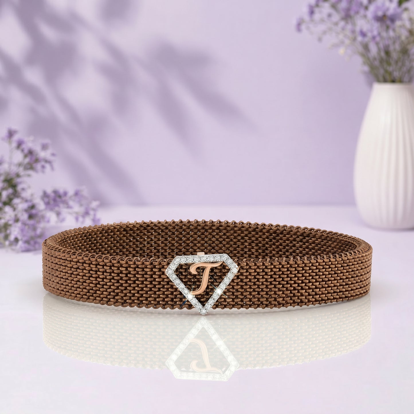 J Initial Letter Diamond Mesh 18kt Rose Gold Bracelet for Men
