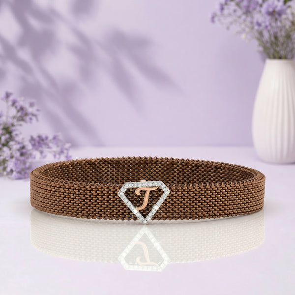 J Initial Letter Diamond Mesh 18kt Rose Gold Bracelet for Men