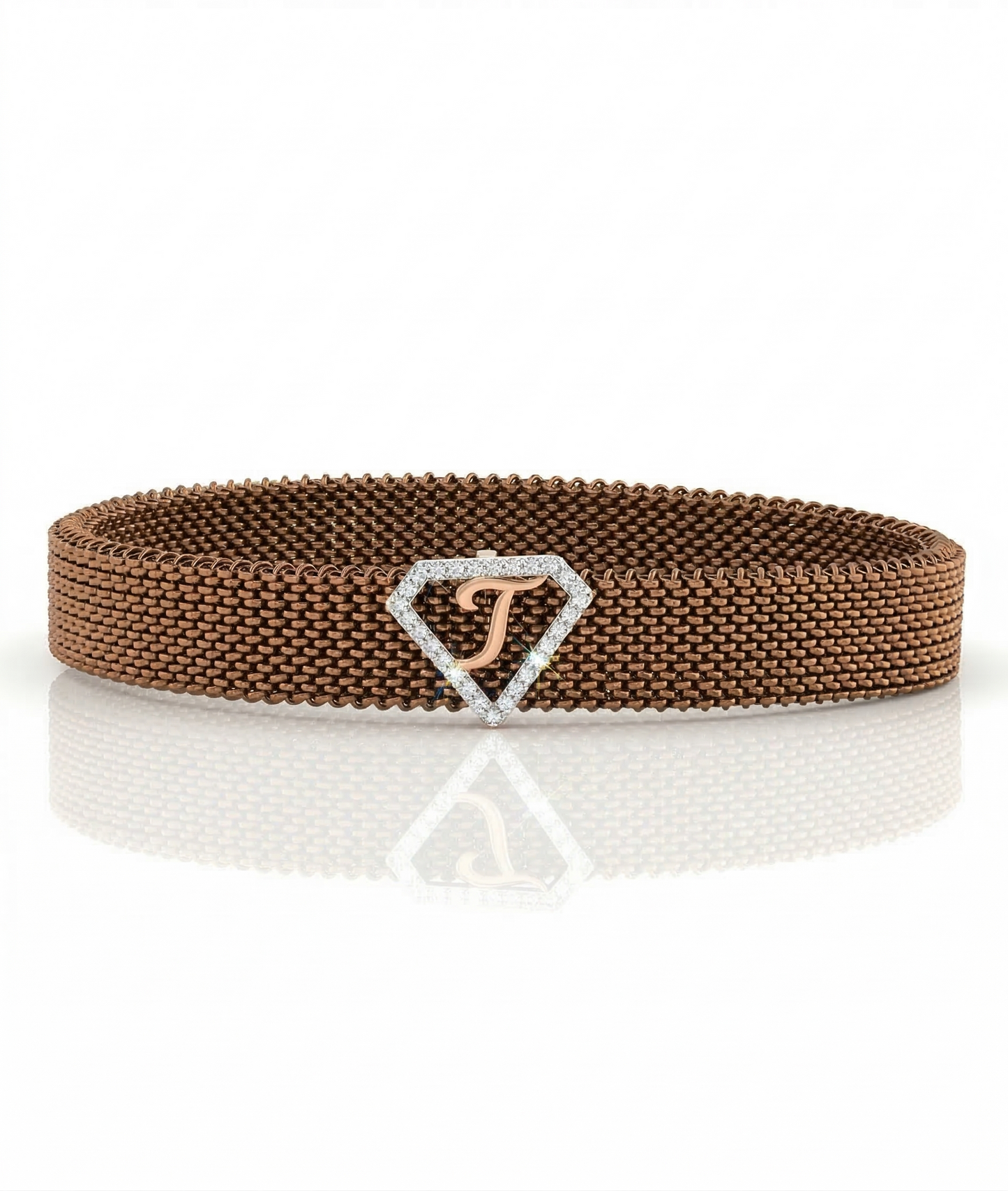 J Initial Letter Diamond Mesh 18kt Rose Gold Bracelet for Men