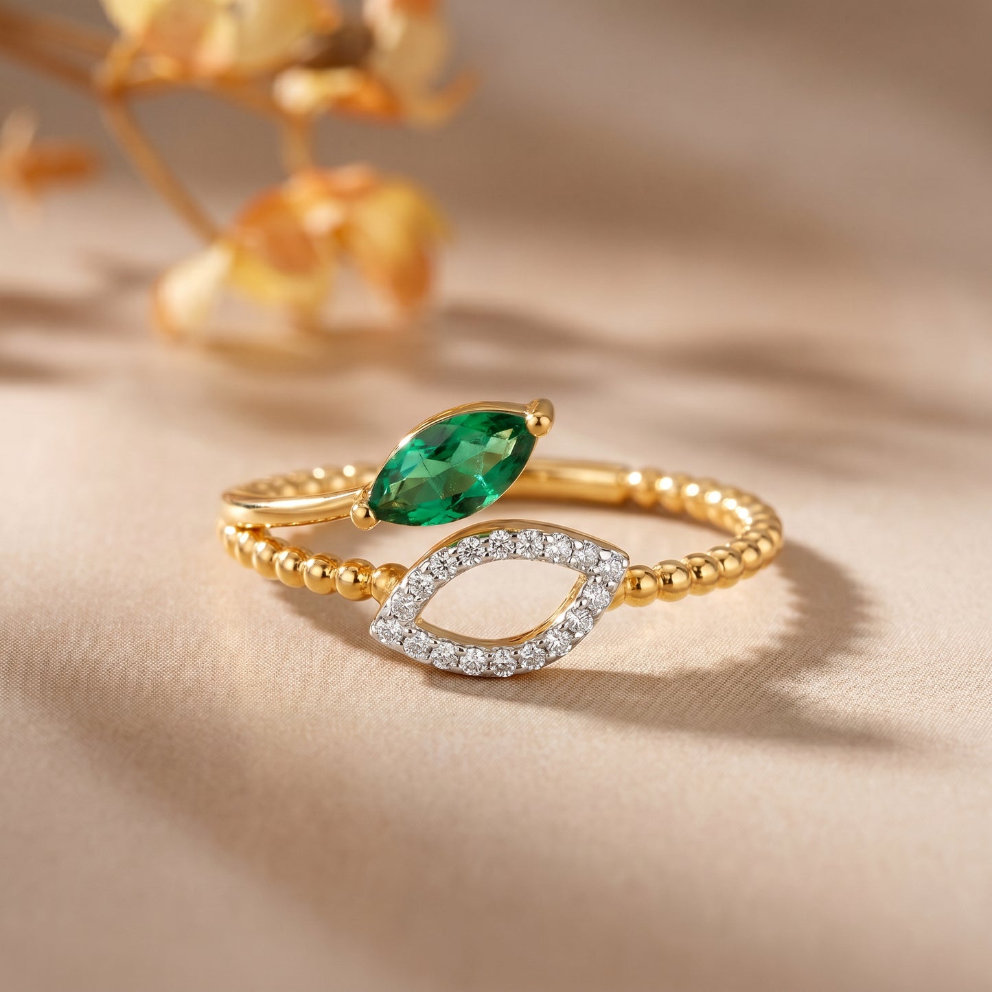 Emerald Dual Leaf 18kt Diamond Ring  for Women