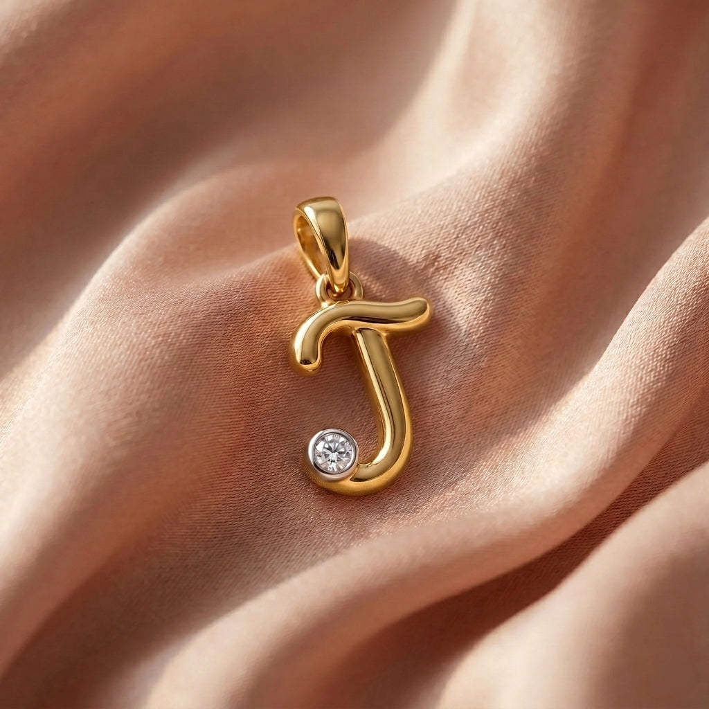 18kt Gold Initial J Daily Wear Diamond Pendant for Kids