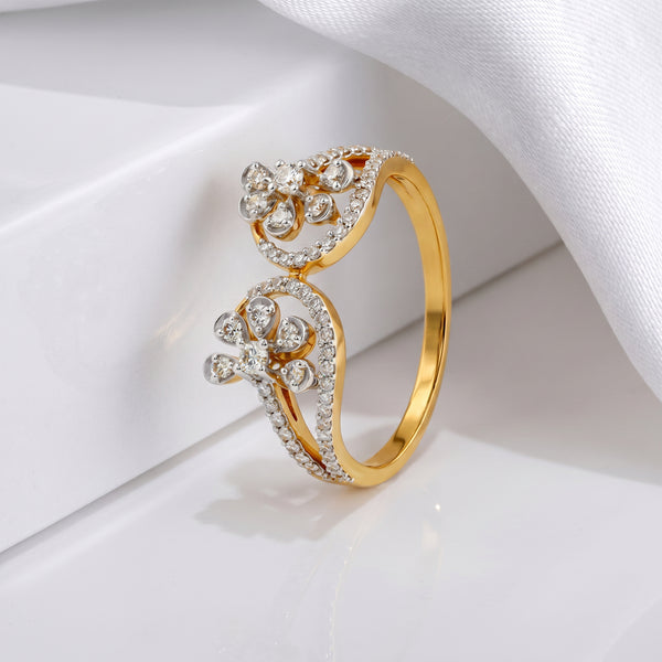 Dual Bloom Sparkle 18kt Diamond Ring for Wedding Wear