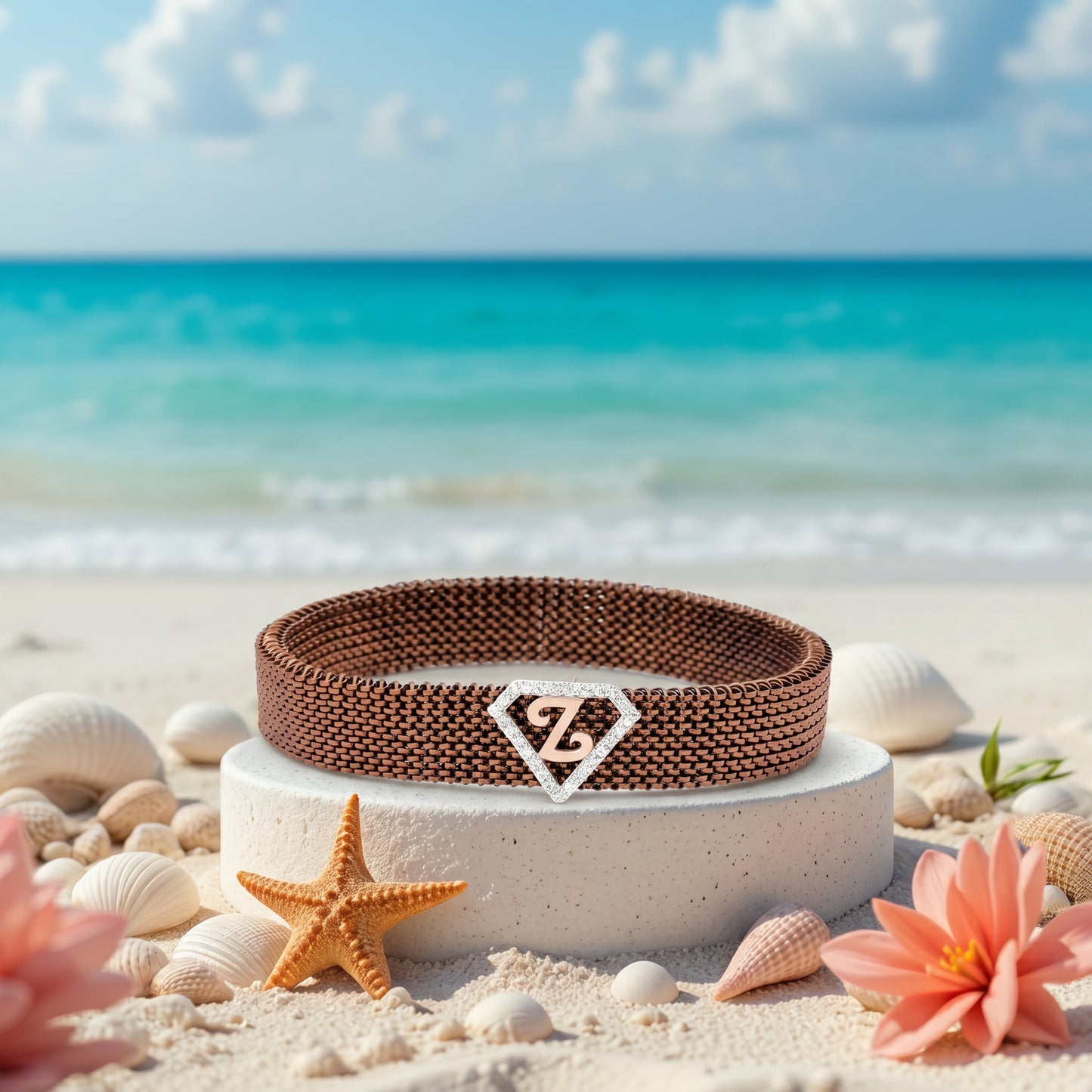 Z Initial Letter Diamond Mesh 18kt Rose Gold Bracelet for Men
