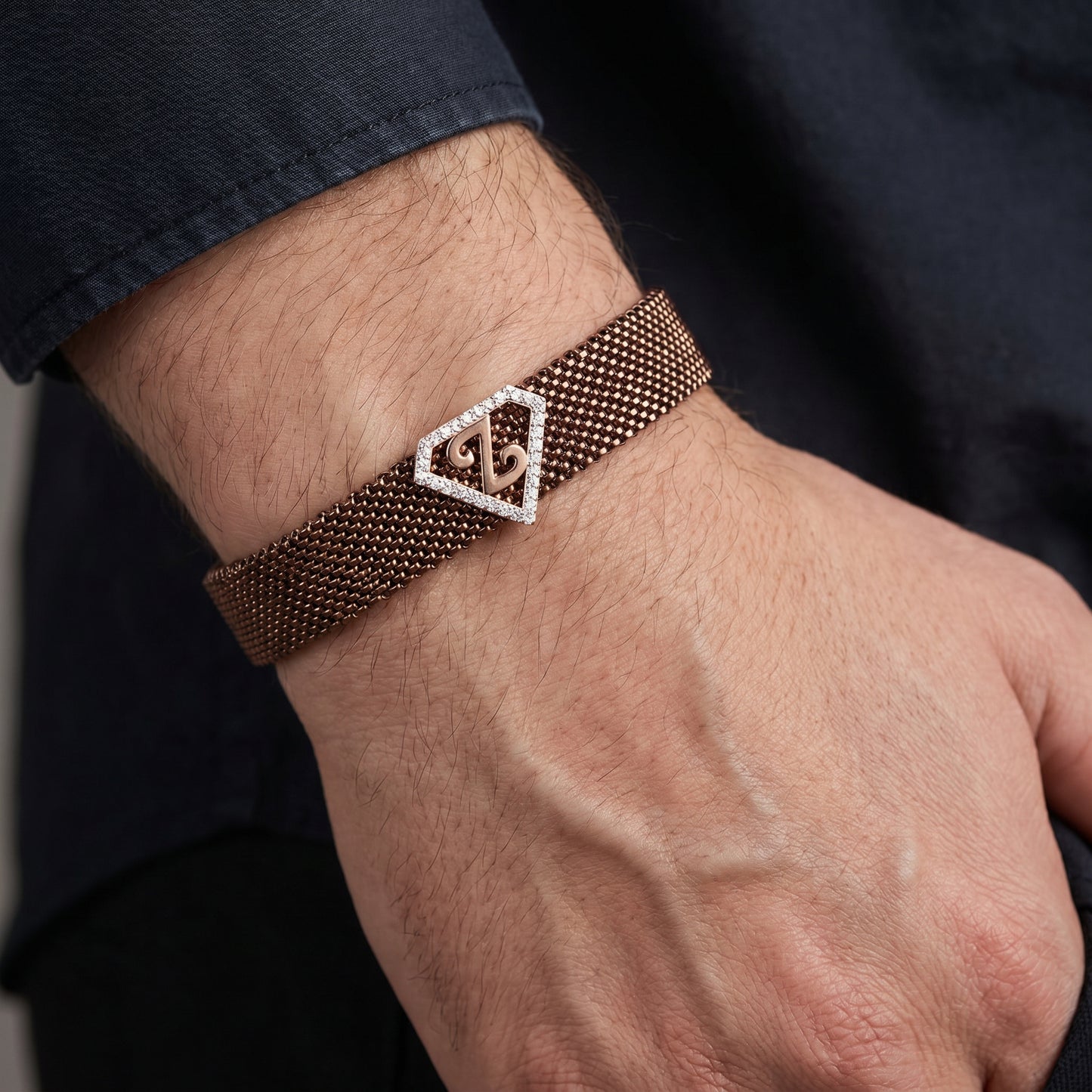 Z Initial Letter Diamond Mesh 18kt Rose Gold Bracelet for Men