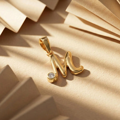 18kt Gold M Initial Daily Wear Diamond Pendant for Kids