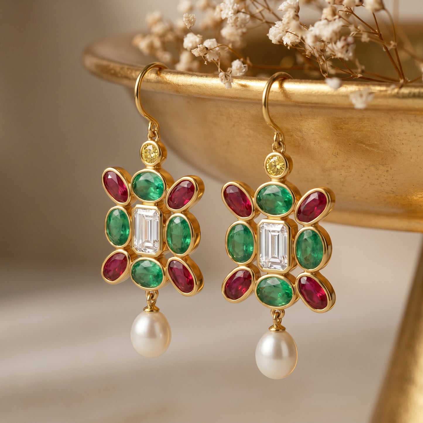 Royal Emerald and Ruby 18kt Gold Earrings For Women