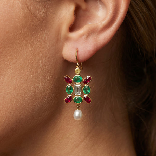 Royal Emerald and Ruby 18kt Gold Earrings For Women