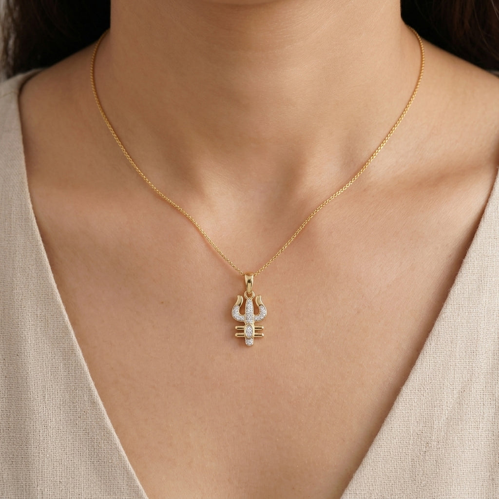 18KT Yellow Gold Diamond Trishul Damaru Pendant