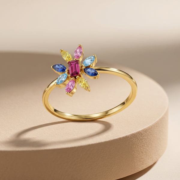 Rainbow Bloom Multi-Colour Floral 18kt Gold Ring