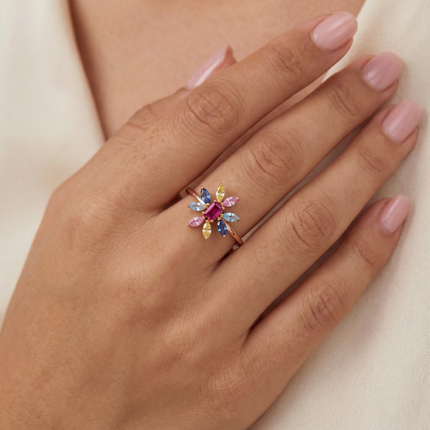 Rainbow Bloom Multi-Colour Floral 18kt Gold Ring