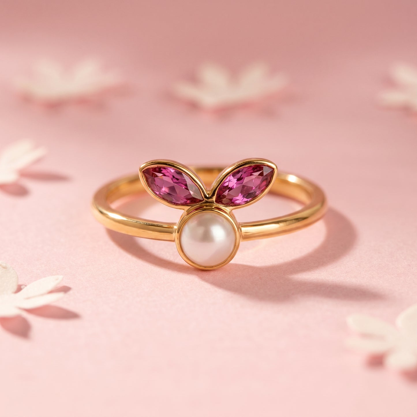 Bunny Pearl Pink Petal 18kt Gold Ring For Women