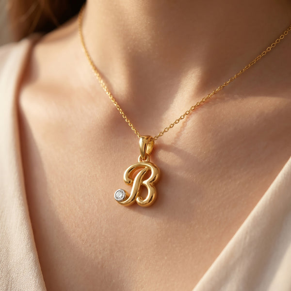 18kt Gold B Initial Daily Wear Diamond Pendant for Kids
