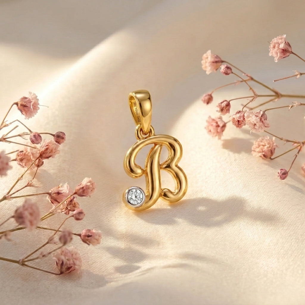 18kt Gold Initial B Daily Wear Diamond Pendant for Kids