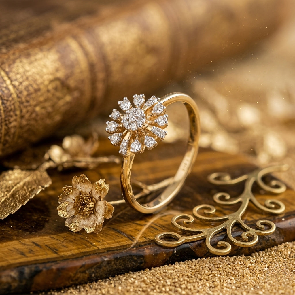18KT Yellow Gold Diamond Floral Ring For Women