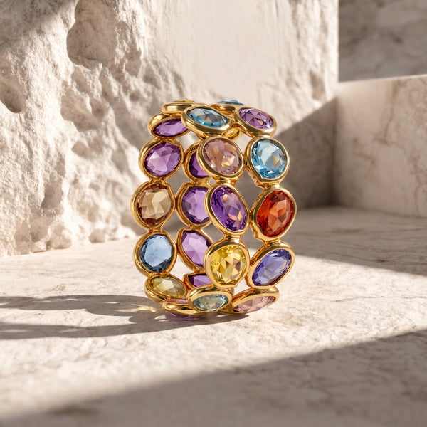 Pastel Mosaic Twin Band 18kt Gold Ring for Women
