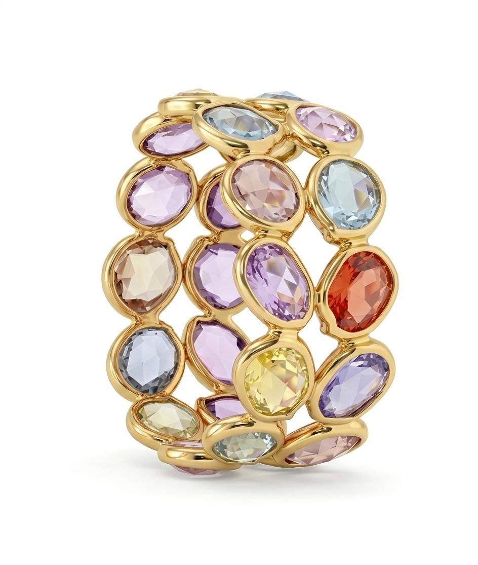 Pastel Mosaic Twin Band 18kt Gold Ring for Women