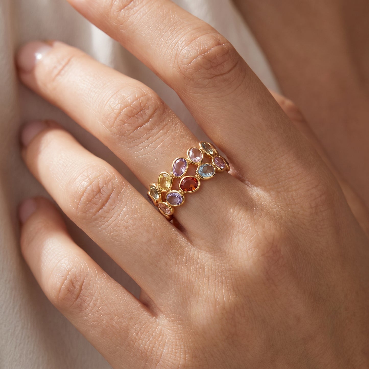 Pastel Mosaic Twin Band 18kt Gold Ring for Women