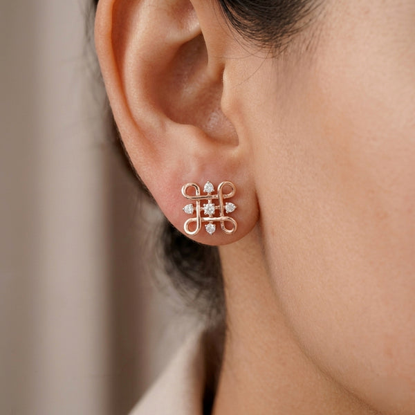 18KT Rose Gold Diamond Scroll Stud Earrings Women