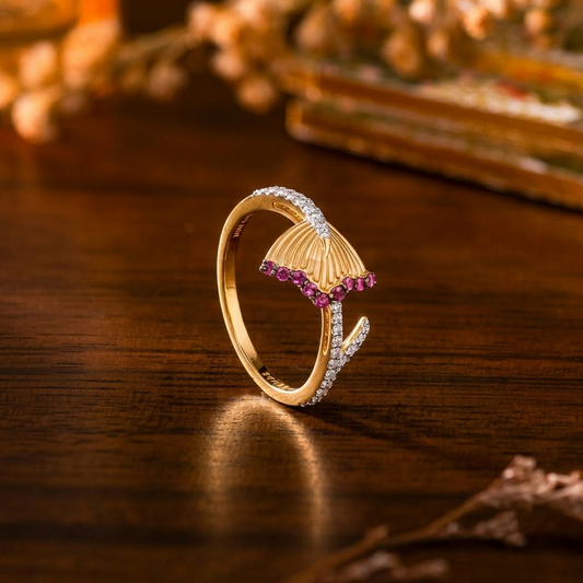 18KT Gold Diamond Colour Stone Fan Ring for Women