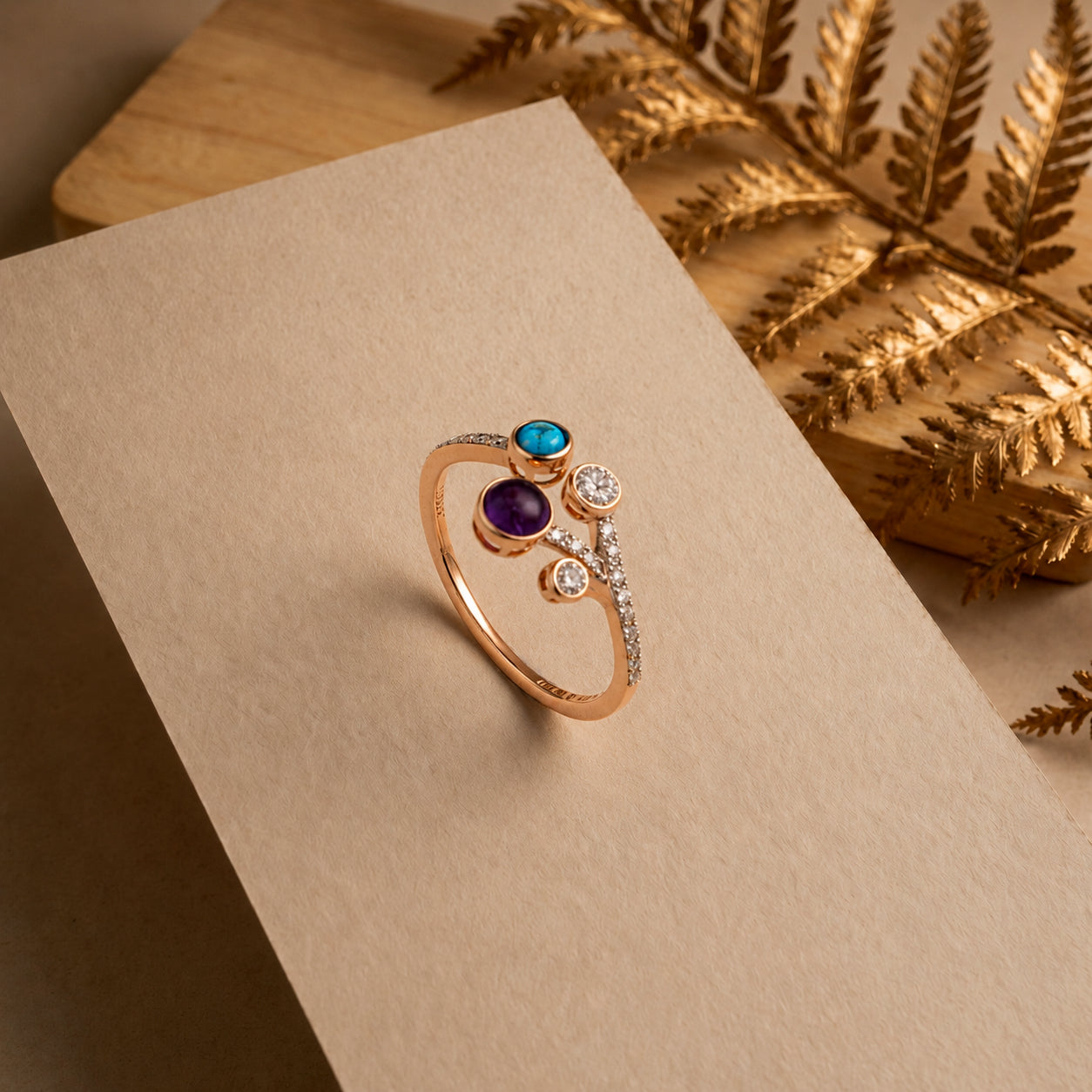 18KT Rose Gold Diamond Dual Stone Ring For Women